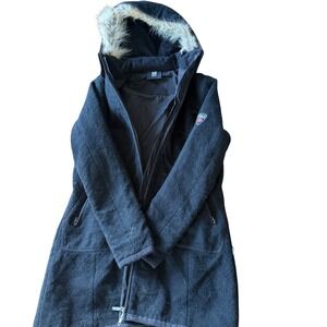 Dale of Norway Womens XL Black Wool Hooded Parka Jacket Faux Fur Trim Coat